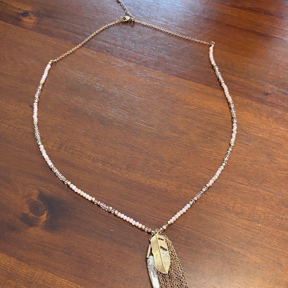 Gold and Pink Feather Pendant Necklace